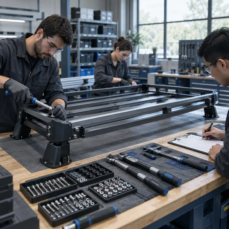 Engineers testing a roof rack system in the workshop