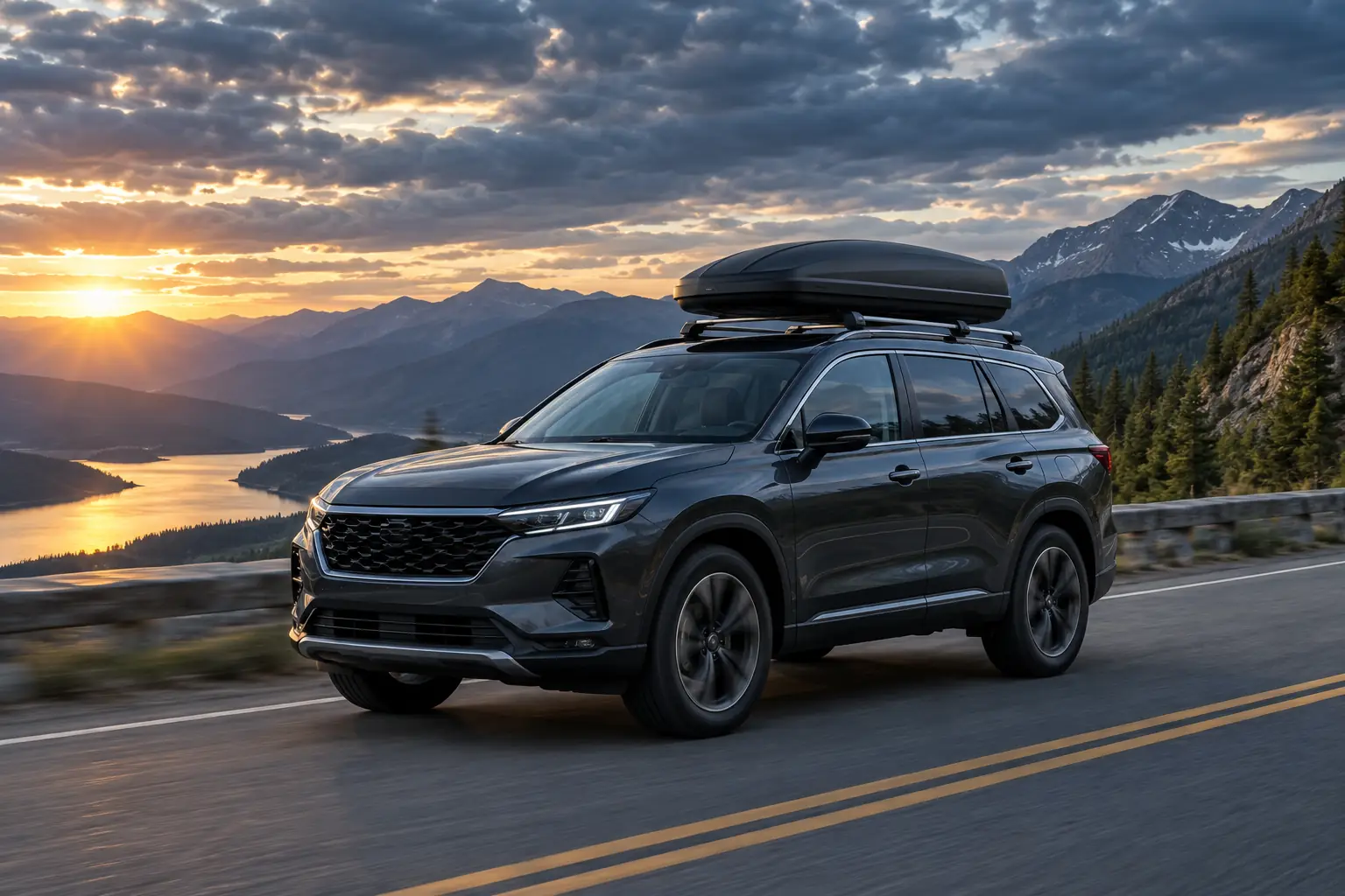 SUV with an aerodynamic aluminum roof rack carrying cargo on a mountain highway