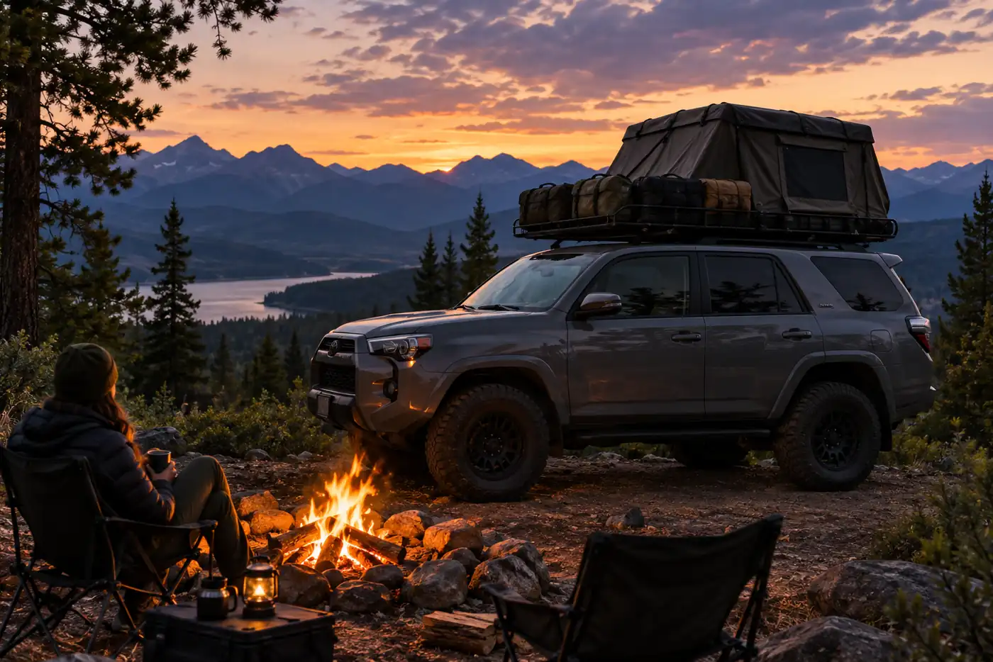 Roof rack loaded with camping gear at sunset